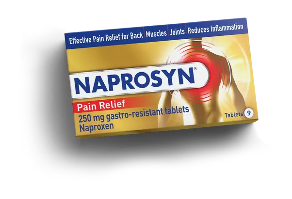Box of Naprosyn 250 mg gastro-resistant tablets for pain relief, containing naproxen. Packaging highlights effective pain relief for back, muscles, and joints, and reduction of inflammation. The box is gold with a red pain relief graphic and contains 9 tablets.